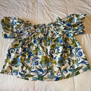 💙CeCe Women’s Large Floral Puff Sleeve Blouse Blue Green Smocked Neck Cotton Top